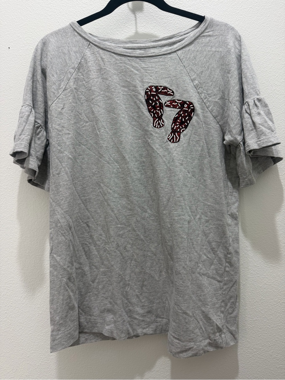 LOFT Light Gray Short-Sleeve Ruffle Tee with Embroidered Accent